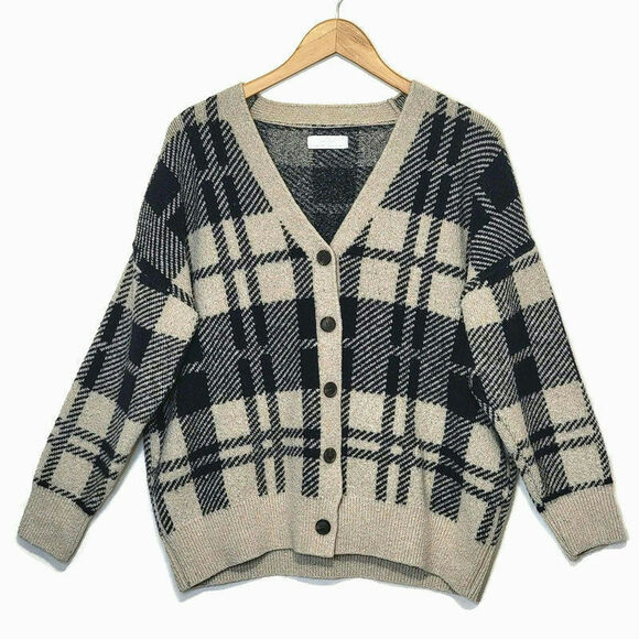 OAK + FORT Sweaters - Oak + Fort Plaid Cardigan Sweater V Neck Button Down Long Sleeve Classic Size S